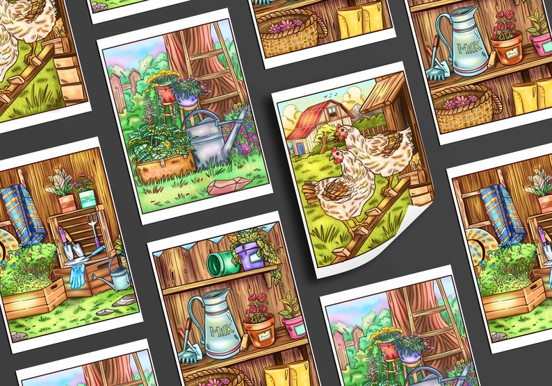 May include: A set of eight illustrated cards featuring various scenes of a garden, including a chicken coop, a shed with gardening tools, and a watering can. The cards are printed on white paper with a watercolour-like style.