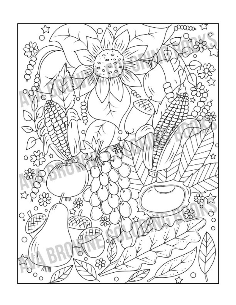 May include: A black and white line drawing of a fall harvest scene with a sunflower, corn, grapes, a pear, acorns, and leaves.