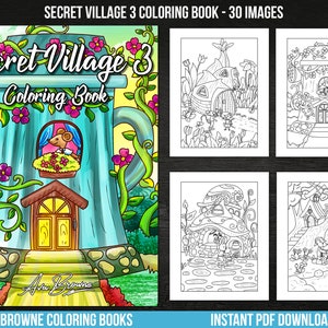 Pode incluir: Uma capa de livro para colorir com uma ilustra&ccedil;&atilde;o caprichosa de um regador azul com uma casa constru&iacute;da nele. A casa tem uma porta amarela e uma janela com um pequeno rato espiando. O regador &eacute; cercado por videiras verdes e flores coloridas. O t&iacute;tulo "Secret Village 3 Coloring Book" &eacute; escrito em uma fonte l&uacute;dica.