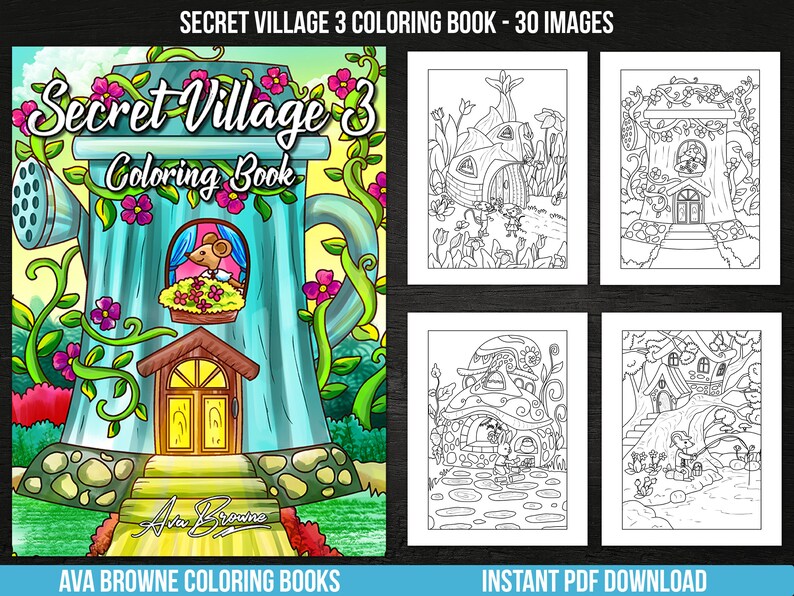 Pode incluir: Uma capa de livro para colorir com uma ilustra&ccedil;&atilde;o caprichosa de um regador azul com uma casa constru&iacute;da nele. A casa tem uma porta amarela e uma janela com um pequeno rato espiando. O regador &eacute; cercado por videiras verdes e flores coloridas. O t&iacute;tulo "Secret Village 3 Coloring Book" &eacute; escrito em uma fonte l&uacute;dica.