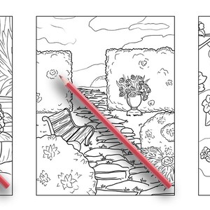 Puede incluir: Tres p&aacute;ginas para colorear en blanco y negro que representan a una persona haciendo jardiner&iacute;a, una escena de jard&iacute;n con un banco y una ardilla en un &aacute;rbol.