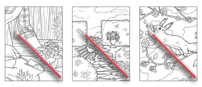 Puede incluir: Tres p&aacute;ginas para colorear en blanco y negro que representan a una persona haciendo jardiner&iacute;a, una escena de jard&iacute;n con un banco y una ardilla en un &aacute;rbol.