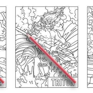 May include: Three black and white line drawings of Greek gods and goddesses. The first image is of Tyche, the goddess of fortune, holding a cornucopia. The second image is of Triton, the god of the sea, riding a seahorse. The third image is of Zeus, the king of the gods, holding a lightning bolt.