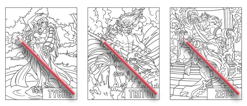 May include: Three black and white line drawings of Greek gods and goddesses. The first image is of Tyche, the goddess of fortune, holding a cornucopia. The second image is of Triton, the god of the sea, riding a seahorse. The third image is of Zeus, the king of the gods, holding a lightning bolt.