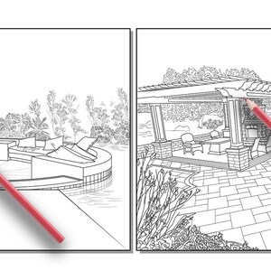 Peut inclure: Un dessin au trait noir et blanc de deux am&eacute;nagements de patio ext&eacute;rieur. La premi&egrave;re conception montre un patio circulaire avec un foyer et des si&egrave;ges. La deuxi&egrave;me conception montre un patio rectangulaire avec une pergola, une cuisine ext&eacute;rieure et des si&egrave;ges.