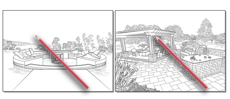Peut inclure: Un dessin au trait noir et blanc de deux am&eacute;nagements de patio ext&eacute;rieur. La premi&egrave;re conception montre un patio circulaire avec un foyer et des si&egrave;ges. La deuxi&egrave;me conception montre un patio rectangulaire avec une pergola, une cuisine ext&eacute;rieure et des si&egrave;ges.