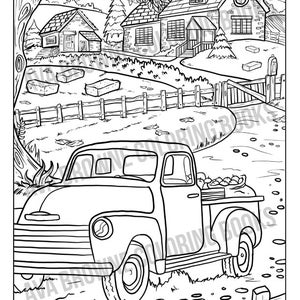May include: A black and white line drawing of a vintage pickup truck with a wooden bed filled with produce. The truck is parked in front of a farmhouse with a white picket fence.