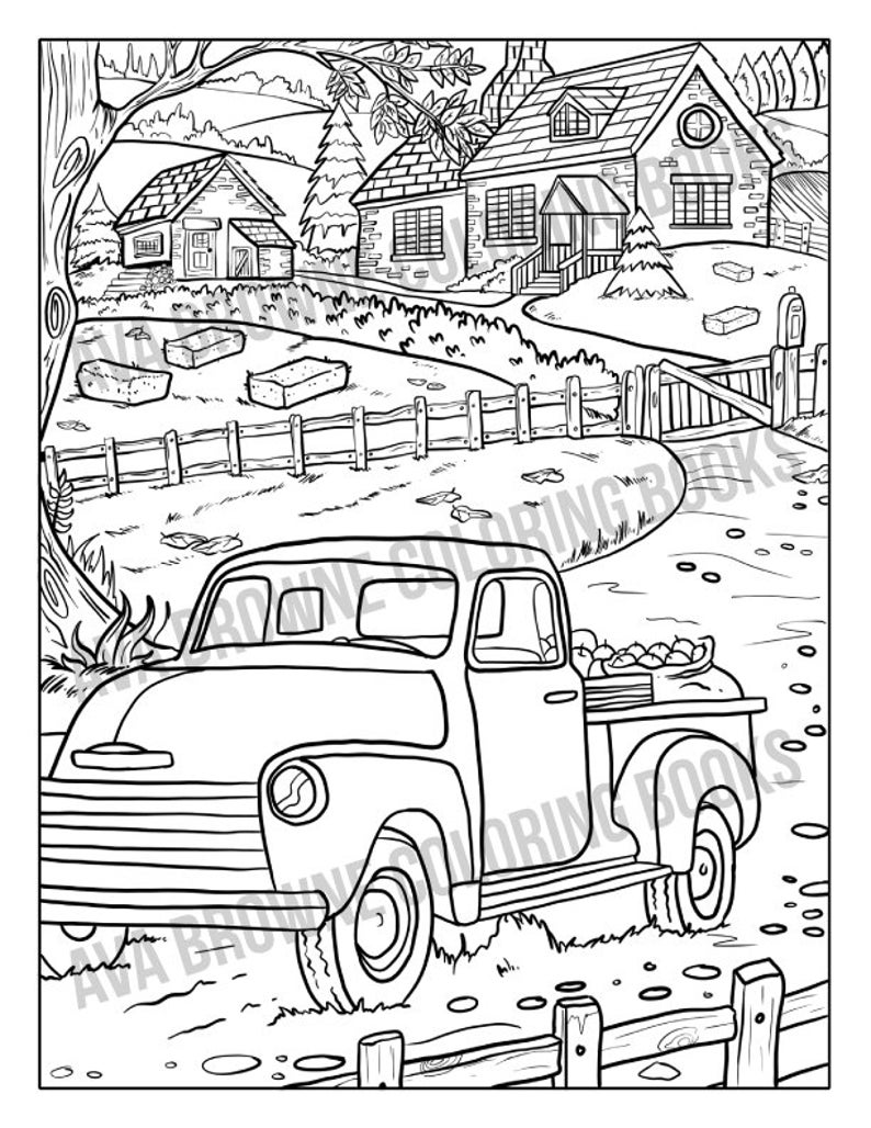 May include: A black and white line drawing of a vintage pickup truck with a wooden bed filled with produce. The truck is parked in front of a farmhouse with a white picket fence.
