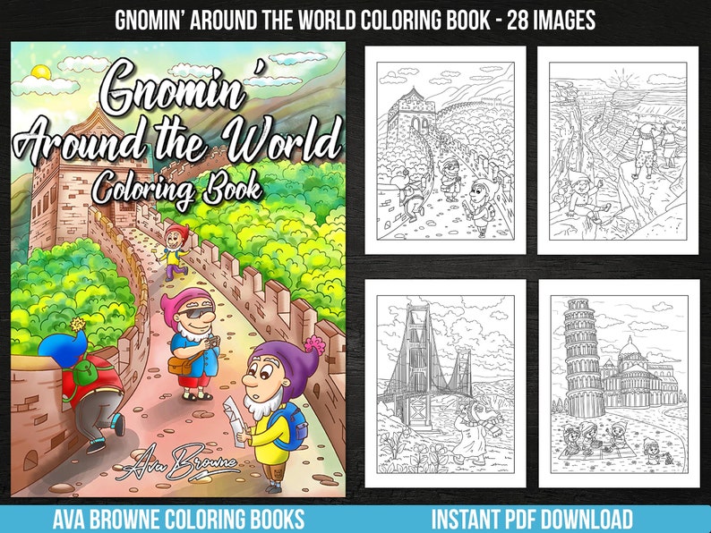 Ava Browne målarböcker | Gnomin Around the World målarbok, vuxen målarbok, present till kvinnor, tonåringar och flickor. PDF-nedladdning bild 1
