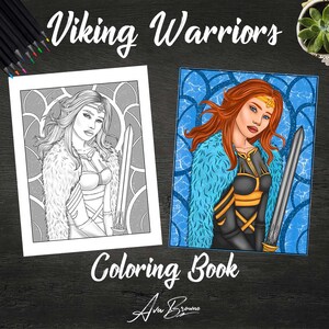 May include: A coloring book page featuring a Viking warrior woman with a sword. The warrior is wearing a blue fur cloak and a gold and black armor. The background is a blue and white pattern.