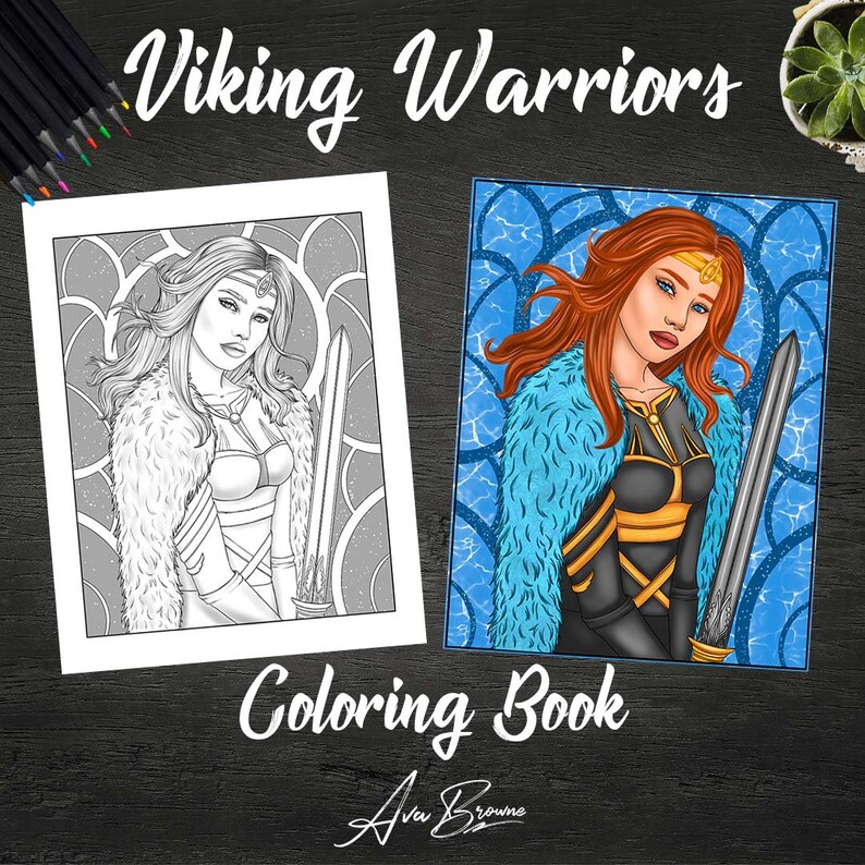 May include: A coloring book page featuring a Viking warrior woman with a sword. The warrior is wearing a blue fur cloak and a gold and black armor. The background is a blue and white pattern.