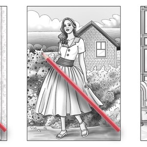 May include: Three black and white illustrations of women wearing different outfits. The first woman is wearing a skirt and blouse, the second woman is wearing a dress, and the third woman is wearing a skirt and top.