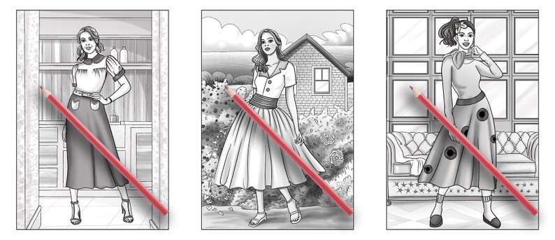 May include: Three black and white illustrations of women wearing different outfits. The first woman is wearing a skirt and blouse, the second woman is wearing a dress, and the third woman is wearing a skirt and top.