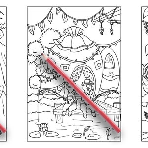 May include: Three black and white coloring pages featuring whimsical fairy houses. The first page shows a mushroom house with a fairy flying nearby. The second page shows a house with a pointed roof and a fairy sitting on a porch. The third page shows a teapot house with a fairy sitting on a ledge.