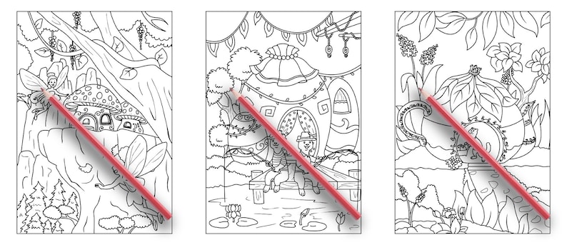 May include: Three black and white coloring pages featuring whimsical fairy houses. The first page shows a mushroom house with a fairy flying nearby. The second page shows a house with a pointed roof and a fairy sitting on a porch. The third page shows a teapot house with a fairy sitting on a ledge.