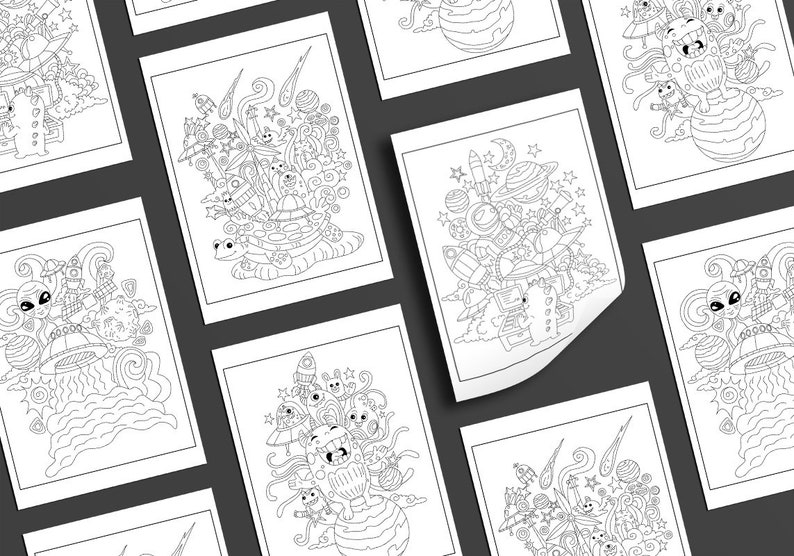 Peut inclure: Un ensemble de 10 pages &agrave; colorier imprimables avec des illustrations fantastiques sur le th&egrave;me de l'espace. Chaque page pr&eacute;sente un design unique avec des extraterrestres, des plan&egrave;tes, des &eacute;toiles et d'autres objets c&eacute;lestes.
