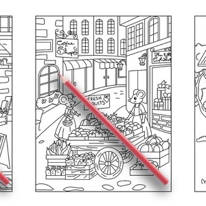 May include: Three black and white illustrations of a small town with shops and houses. The first illustration shows a bakery with a sign that says "Bakery". The second illustration shows a fruit stand with a sign that says "Fresh Fruits". The third illustration shows a house with a ladder and a sign that says "Welcome".
