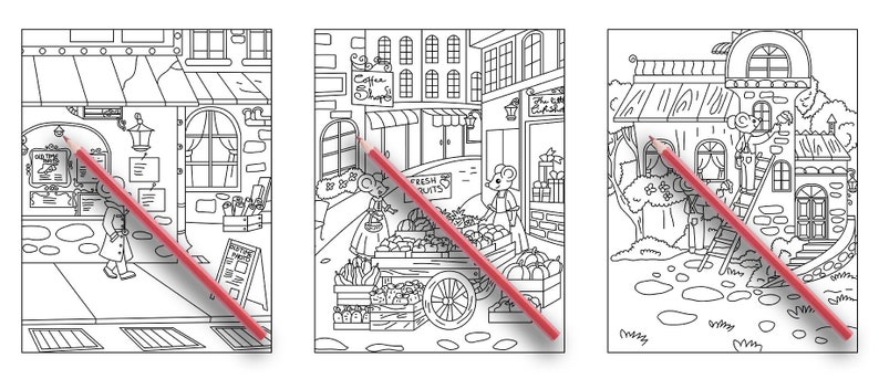 May include: Three black and white illustrations of a small town with shops and houses. The first illustration shows a bakery with a sign that says "Bakery". The second illustration shows a fruit stand with a sign that says "Fresh Fruits". The third illustration shows a house with a ladder and a sign that says "Welcome".