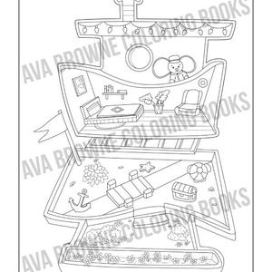 May include: A black and white line drawing of a ship with a mouse captain at the helm. The ship has multiple levels, including a bedroom, a living room, and a deck with a life preserver, a treasure chest, and an anchor.