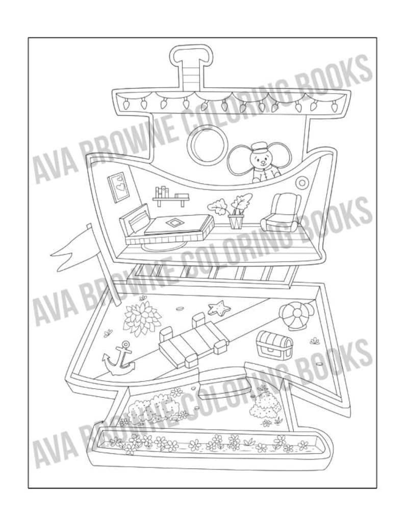 May include: A black and white line drawing of a ship with a mouse captain at the helm. The ship has multiple levels, including a bedroom, a living room, and a deck with a life preserver, a treasure chest, and an anchor.