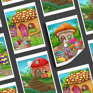 May include: A set of eight colorful mushroom houses with Easter eggs and bunnies. Each house has a unique design and features a whimsical character.
