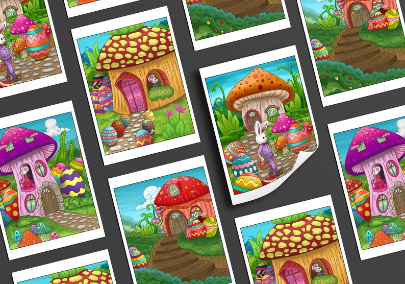 May include: A set of eight colorful mushroom houses with Easter eggs and bunnies. Each house has a unique design and features a whimsical character.