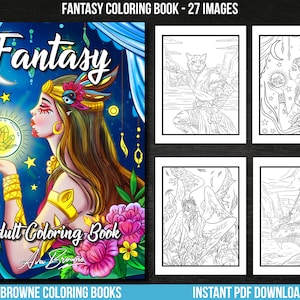 May include: A fantasy colouring book with 27 images. The cover features a woman with long flowing hair holding a crystal orb. The title "Fantasy Adult Colouring Book" is written in a stylized font.