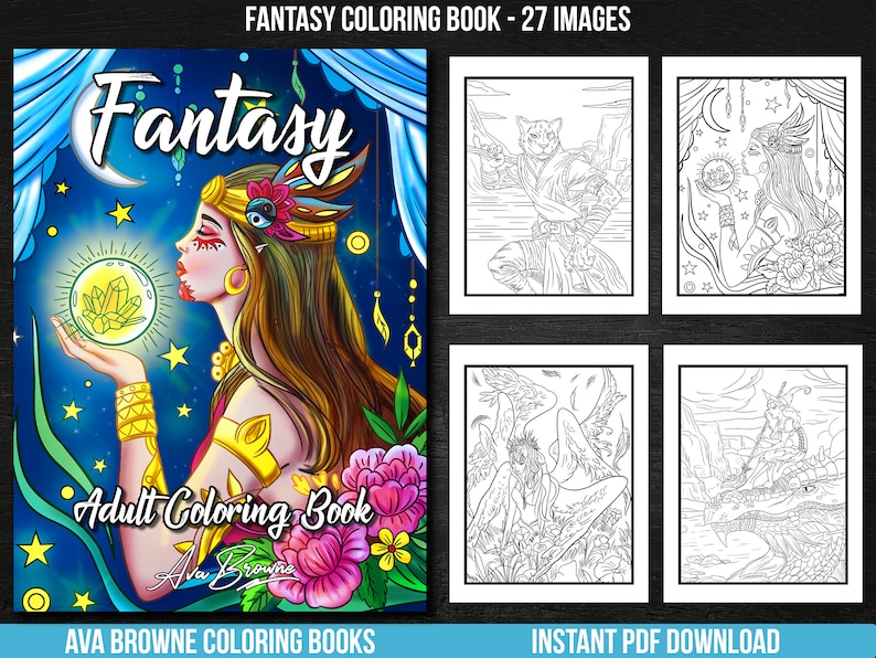 May include: A fantasy colouring book with 27 images. The cover features a woman with long flowing hair holding a crystal orb. The title "Fantasy Adult Colouring Book" is written in a stylized font.