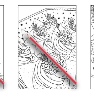 May include: Three black and white line drawings of desserts. The first is a sundae with a cherry, whipped cream, and chocolate syrup. The second is a cupcake with frosting and berries. The third is a slice of cake with frosting and berries.