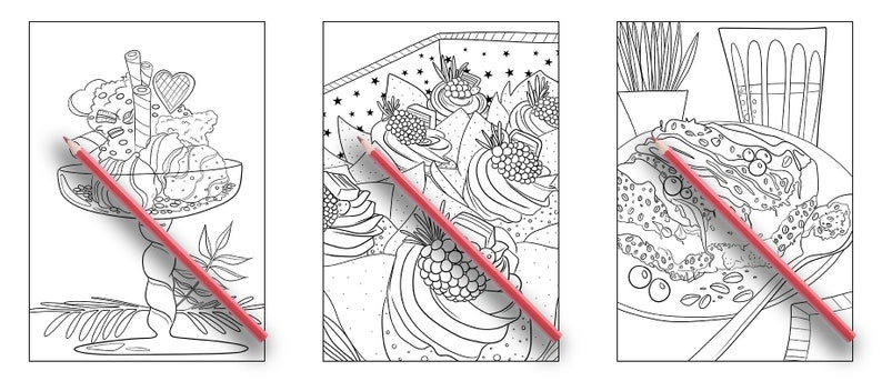May include: Three black and white line drawings of desserts. The first is a sundae with a cherry, whipped cream, and chocolate syrup. The second is a cupcake with frosting and berries. The third is a slice of cake with frosting and berries.