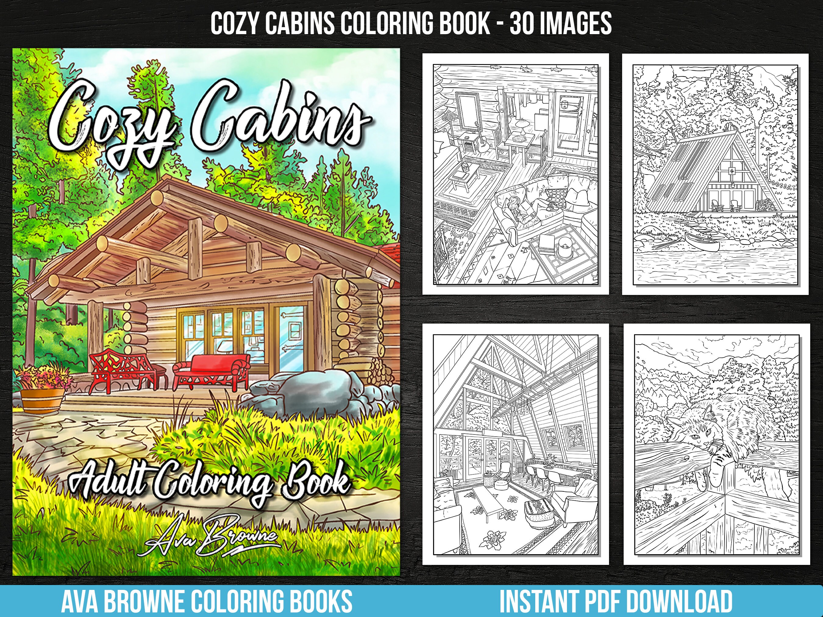 Ava Browne Coloring Books | Cozy Cabins Adult Coloring Book, Adult Coloring Book Gift For Women, Teens, And Girls. PDF DOWNLOAD, Farmhouse