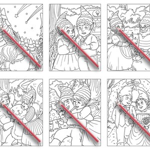 K&ouml;nnte beinhalten: Sechs Schwarzwei&szlig;illustrationen von Elfen in verschiedenen Szenen. Die erste Szene zeigt zwei Elfen, die zu einem Sternschnuppen aufblicken. Die zweite Szene zeigt zwei Elfen, die Eiswaffeln halten. Die dritte Szene zeigt zwei Elfen, einer h&auml;lt eine Geschenkt&uuml;te. Die vierte Szene zeigt zwei Elfen, die einen Teddyb&auml;ren umarmen. Die f&uuml;nfte Szene zeigt zwei Elfen, die sich umarmen. Die sechste Szene zeigt zwei Elfen, die heiraten.