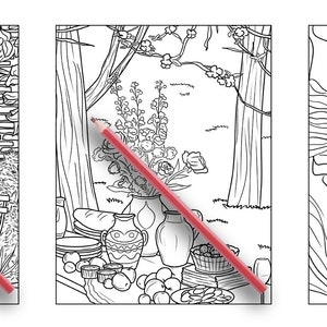 Puede incluir: Tres p&aacute;ginas para colorear en blanco y negro que representan un cobertizo de jard&iacute;n, un bodeg&oacute;n con un jarr&oacute;n de flores y un conejo que come zanahorias. Cada p&aacute;gina tiene un l&aacute;piz rojo encima.
