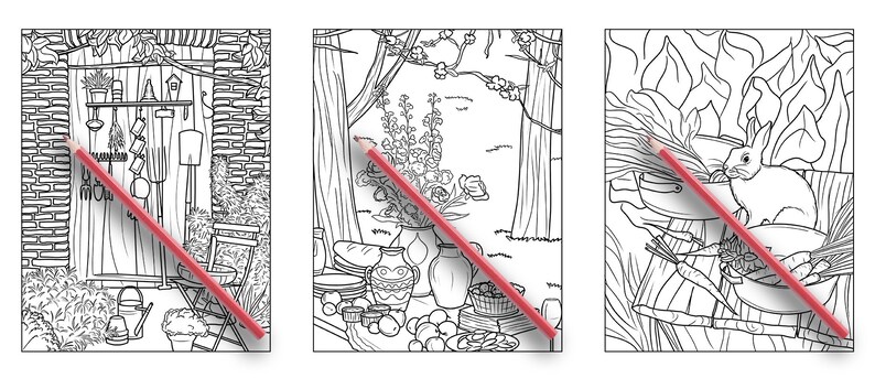 Puede incluir: Tres p&aacute;ginas para colorear en blanco y negro que representan un cobertizo de jard&iacute;n, un bodeg&oacute;n con un jarr&oacute;n de flores y un conejo que come zanahorias. Cada p&aacute;gina tiene un l&aacute;piz rojo encima.