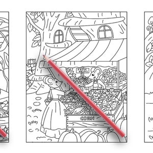 May include: Three black and white illustrations of a mouse market with a variety of fruits and vegetables. The first image shows two mice selling produce from a stand. The second image shows a mouse selling produce from a stand with a treehouse in the background. The third image shows a mouse selling produce from a stand with a house in the background.