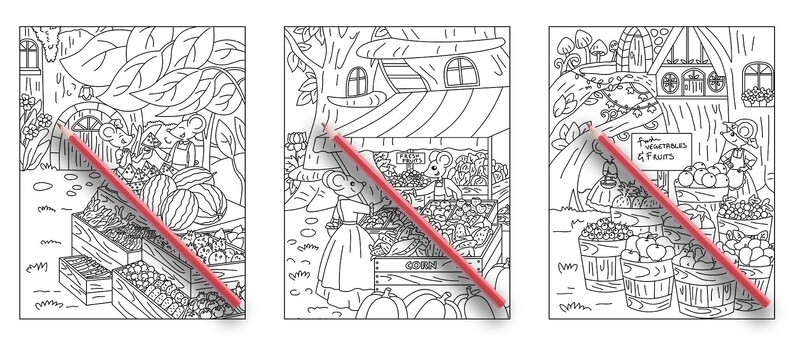 May include: Three black and white illustrations of a mouse market with a variety of fruits and vegetables. The first image shows two mice selling produce from a stand. The second image shows a mouse selling produce from a stand with a treehouse in the background. The third image shows a mouse selling produce from a stand with a house in the background.