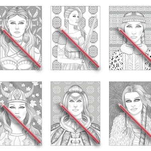May include: Six black and white illustrations of women with different hairstyles and clothing. Each illustration is surrounded by a patterned background.