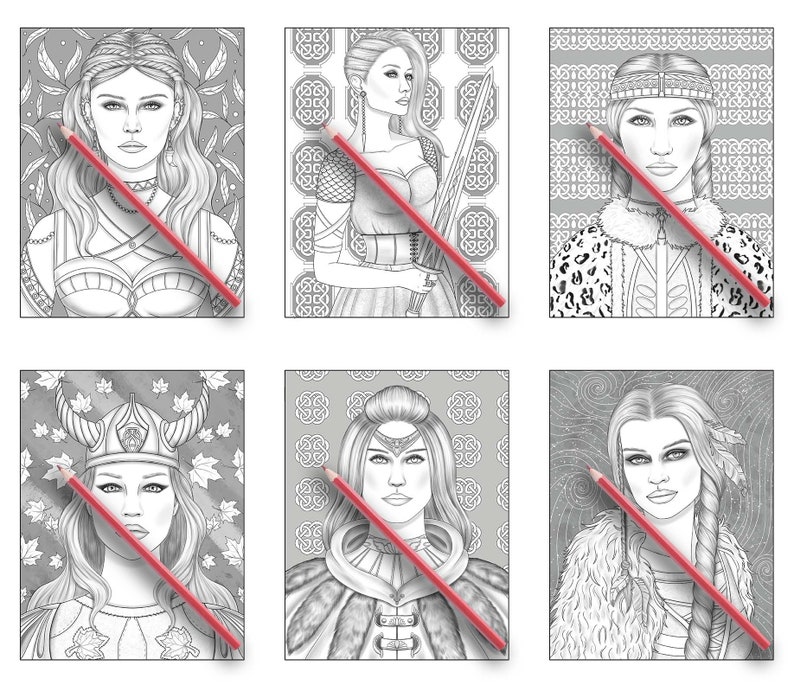 May include: Six black and white illustrations of women with different hairstyles and clothing. Each illustration is surrounded by a patterned background.