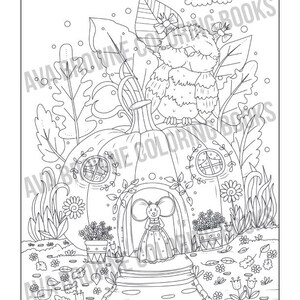 May include: A black and white coloring page featuring a pumpkin house with a mouse in a dress standing in the doorway. An owl with a bow sits on top of the pumpkin house. The house is surrounded by flowers and leaves.