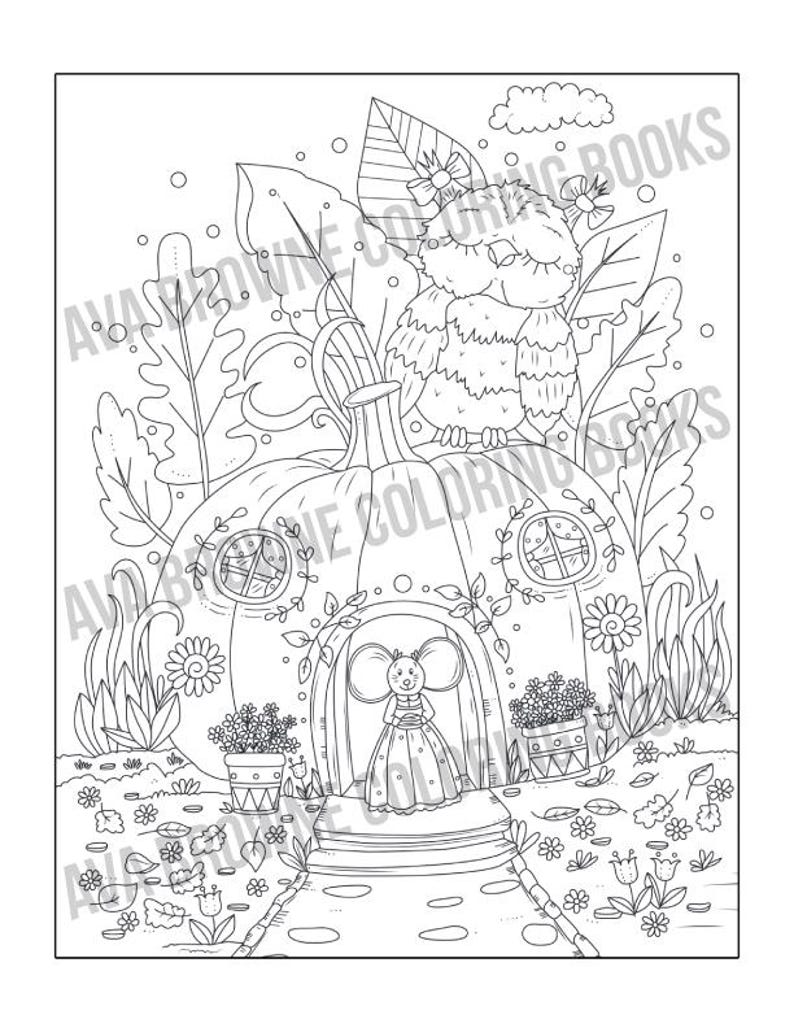 May include: A black and white coloring page featuring a pumpkin house with a mouse in a dress standing in the doorway. An owl with a bow sits on top of the pumpkin house. The house is surrounded by flowers and leaves.
