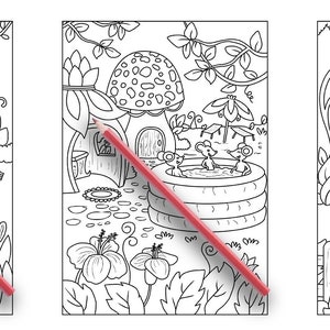 以下が含まれることがあります： 森の背景にネズミが描かれた、幻想的なシーンの白黒イラストが3つあります。最初のシーンでは、2匹のネズミが旗と風船を持っています。2番目のシーンでは、2匹のネズミが浴槽でリラックスしています。3番目のシーンでは、ネズミがジャムの瓶のあるテーブルに座っています。