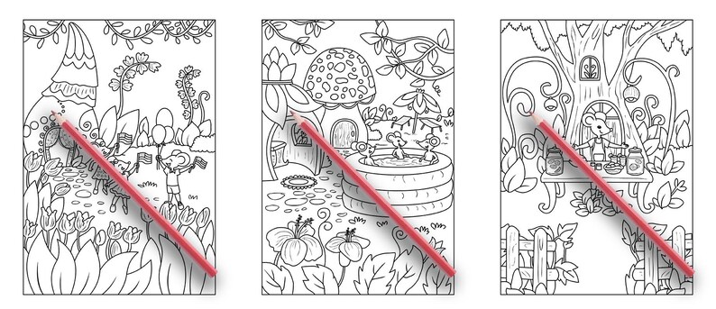 以下が含まれることがあります： 森の背景にネズミが描かれた、幻想的なシーンの白黒イラストが3つあります。最初のシーンでは、2匹のネズミが旗と風船を持っています。2番目のシーンでは、2匹のネズミが浴槽でリラックスしています。3番目のシーンでは、ネズミがジャムの瓶のあるテーブルに座っています。
