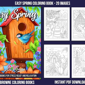 K&ouml;nnte beinhalten: Ein Malbuchcover mit dem Titel "Easy Spring" in einer bunten Schrift. Das Cover zeigt ein Vogelhaus mit einem blauen Vogel, der auf der Kante sitzt, umgeben von Blumen und Gr&uuml;n. Das Buch ist zur Stressbew&auml;ltigung und Entspannung gedacht.