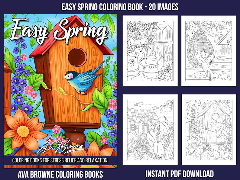 K&ouml;nnte beinhalten: Ein Malbuchcover mit dem Titel "Easy Spring" in einer bunten Schrift. Das Cover zeigt ein Vogelhaus mit einem blauen Vogel, der auf der Kante sitzt, umgeben von Blumen und Gr&uuml;n. Das Buch ist zur Stressbew&auml;ltigung und Entspannung gedacht.
