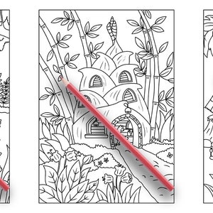 May include: Three black and white coloring pages featuring whimsical houses in nature. The first page shows a mushroom house with a fence and a garden. The second page shows a house made of rounded stones with bamboo trees. The third page shows a cottage with a pond and ducks.