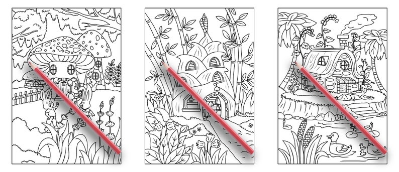 May include: Three black and white coloring pages featuring whimsical houses in nature. The first page shows a mushroom house with a fence and a garden. The second page shows a house made of rounded stones with bamboo trees. The third page shows a cottage with a pond and ducks.