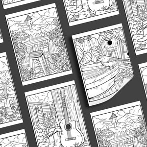 May include: A set of eight black and white colouring pages featuring various scenes from a farm. The scenes include a barn, a birdhouse, a guitar, a stool, and a bucket.