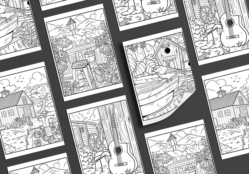 May include: A set of eight black and white colouring pages featuring various scenes from a farm. The scenes include a barn, a birdhouse, a guitar, a stool, and a bucket.