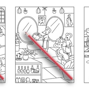 May include: Three black and white illustrations of mice running shops. The first image shows a flower shop with a bicycle outside. The second image shows a hair salon with a mouse stylist cutting another mouse's hair. The third image shows a shoe shop with a mouse selling shoes to another mouse.