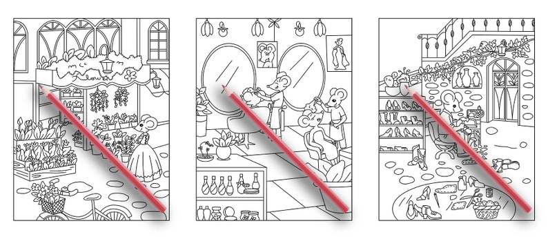 May include: Three black and white illustrations of mice running shops. The first image shows a flower shop with a bicycle outside. The second image shows a hair salon with a mouse stylist cutting another mouse's hair. The third image shows a shoe shop with a mouse selling shoes to another mouse.